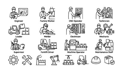 Fototapeta premium Monochrome industrial workers icon collection editable vector illustration