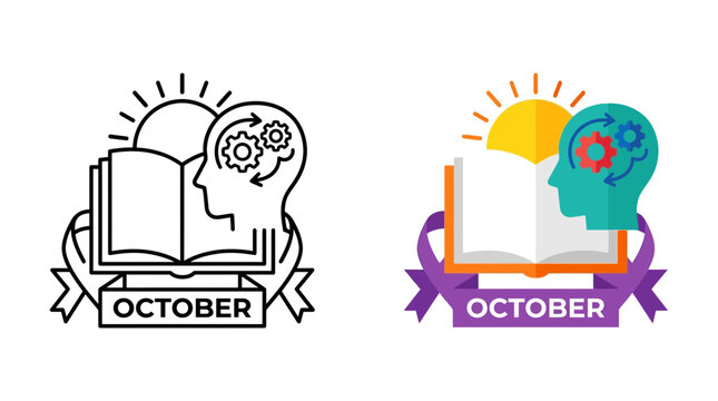 Two versions of an October themed educational logo featuring an open book and a human head with gears.