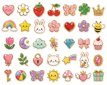 Kawaii enamel pin stickers, set of 35 cute pastel icons with gold outlines, whimsical cartoon patches for scrapbooking and digital planning