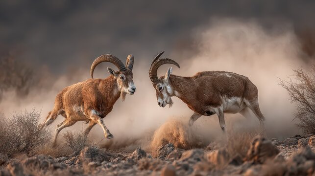 Two Wild Rams Fighting in Dusty Desert Landscape Under Fading Light