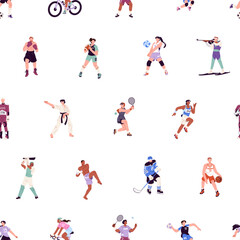 Obraz premium Repeatable pattern of different sports game players. Endless background of athletes playing basketball, football, volleyball, sportsmen boxing, skiing, running. Flat seamless vector illustration