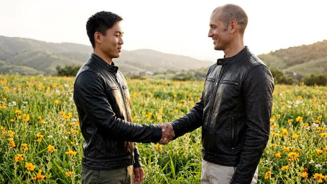 Two men in leather jackets shaking hands in a sunny flower field with mountain backdrop