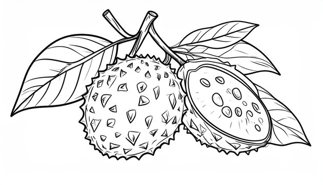 Hand drawn soursop fruit whole and half botanical sketch.
