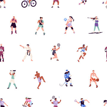 Repeatable pattern of different sports game players. Endless background of athletes playing basketball, football, volleyball, sportsmen boxing, skiing, running. Flat seamless vector illustration