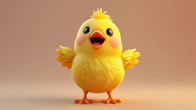 Adorable fluffy chick animated with gentle head turns and cheerful chirps in a warm studio setting