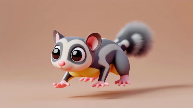 Adorable sugar glider character performing a playful jump in a soft studio lighting environment with copy space for text