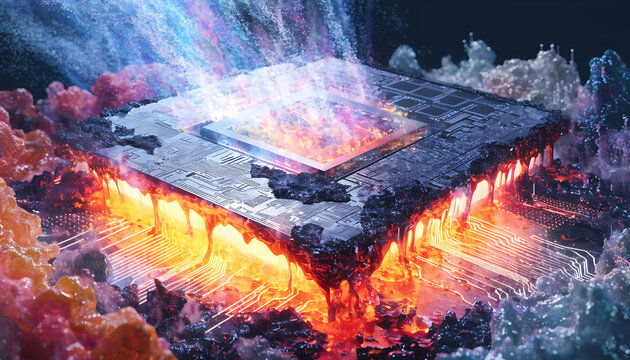 Burning computer processor with smoke and flames circuit board fire