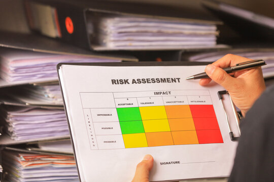 Operational risk assessment compliance review with colorful impact matrix chart for business evaluation and management documentation
