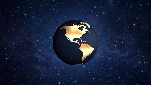 Animated golden globe spinning slowly in dark blue star field nebula space background showing continents and oceans in gold hue.