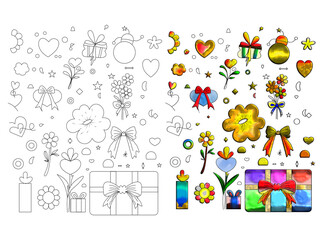 Naklejka premium set of colorful christmas icons,Cute Hand Drawn Gift and Flower Line Art Vector Elements Set