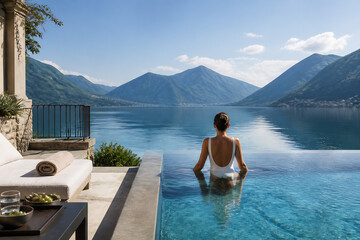 Fototapeta premium A woman in a white swimsuit is relaxing in an infinity pool overlooking a vast blue lake and mountains under a clear sky.