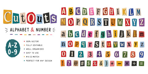 Ransom note alphabet and number cutouts, colorful paper magazine letter clippings, vintage punk collage typography vector set © naina g 786