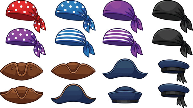 Pirate Bandana and Sailor Hat Vector Icon Set with Tricorn Headwear, Polka Dot Headscarves, and Nautical Cap Illustrations