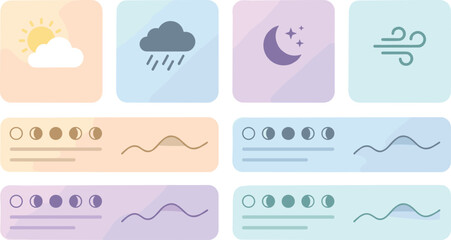 Fototapeta premium Weather Forecast Widget Vector Icon Set with Sunny Clouds, Rain, Moon Night, Wind, Moon Phases, and Temperature Charts