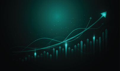 Abstract financial stock market charts and candlestick graph with growing up arrows on green background © royyimzy