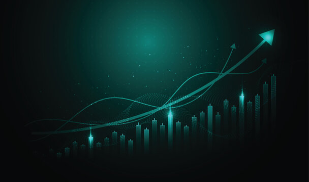 Abstract financial stock market charts and candlestick graph with growing up arrows on green background