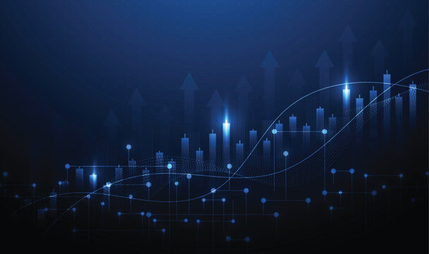 Futuristic business growth concept with glowing candlestick graph and digital data network