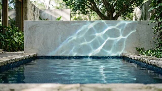 Sunlight reflects on a concrete wall above a calm blue pool