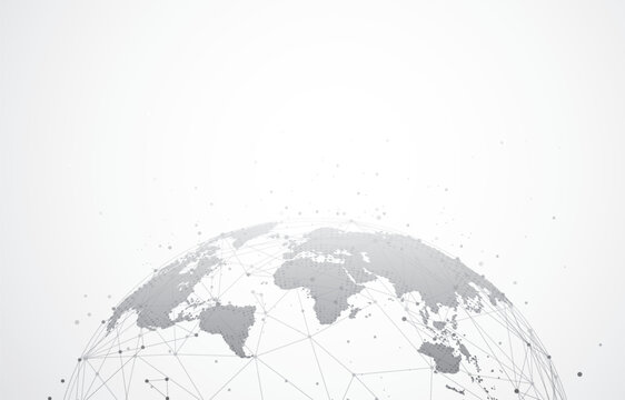 Global business and digital network communication concept. World map with plexus lines and dots.