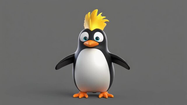 Animated penguin with yellow mohawk stands confidently against a neutral studio background in a clean looping animation