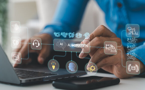 Ai automation technology with digital artificial intelligence, machine learning, robotic, workflow optimization, data analytics, erp software, rpa, data science, big data analytics and chatbot