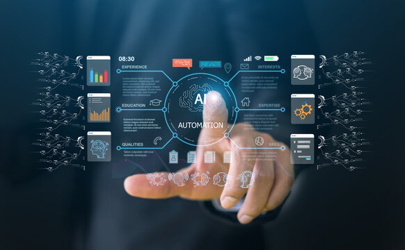 Ai automation technology with digital artificial intelligence, machine learning, robotic, workflow optimization, data analytics, erp software, rpa, data science, big data analytics and chatbot
