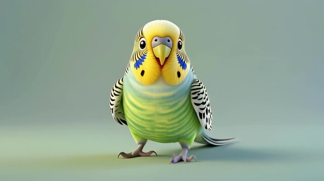 Budgerigar bird standing on a plain surface with soft studio lighting and a neutral background