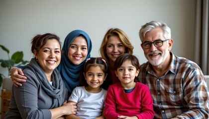 Obraz premium A diverse family group of six people, including children and adults, are gathered closely together indoors, smiling warmly at the camera