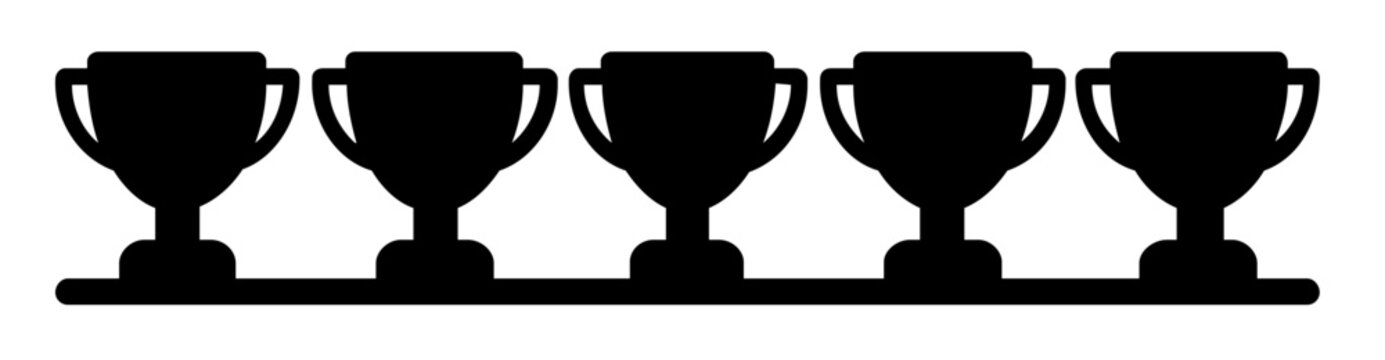 Five Trophy Icons Vector Illustration - Row of Filled Award Cups on Shelf Platform Representing Sports Competition Success Achievement Recognition and Victory Symbols