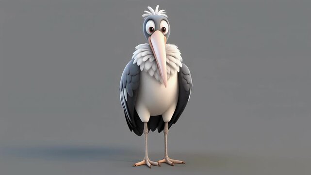 Cartoon stork bird standing still with subtle head tilt on a plain gray background cinematic motion