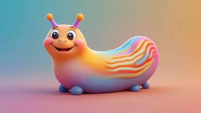 Charming cartoon snail with rainbow shell moving slowly across a soft gradient background