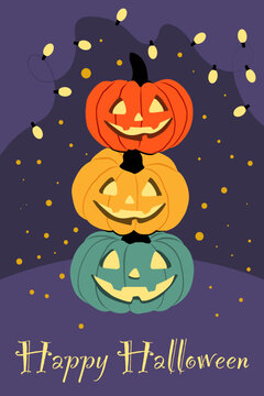 Happy Halloween poster with stacked jack o lantern pumpkins and string lights