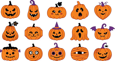 Naklejka premium Halloween jack o' lantern collection diverse pumpkin faces for autumn festivals spooky parties and seasonal designs