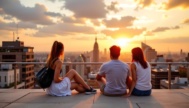Three people are sitting on the rooftop, facing a cityscape at sunset