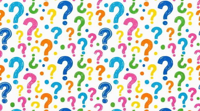 Seamless pattern with colorful hand-drawn question marks on white background for FAQ and help concept