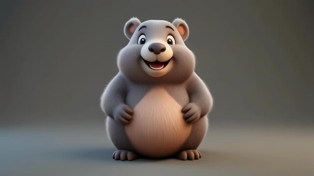 Chubby cartoon bear standing still in soft studio lighting with a friendly smile
