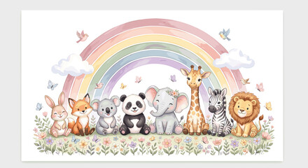 Fototapeta premium Cute cartoon animal and toy characters set for kids room nursery wall decoration, vector illustration collection