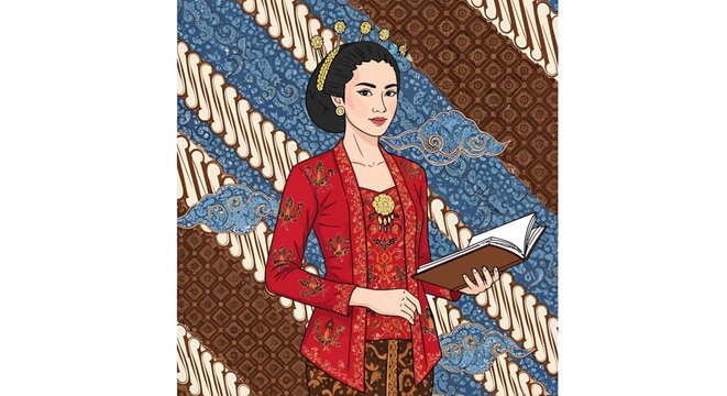 Illustration of Raden Adjeng Kartini wearing traditional red kebaya holding a book with batik background.