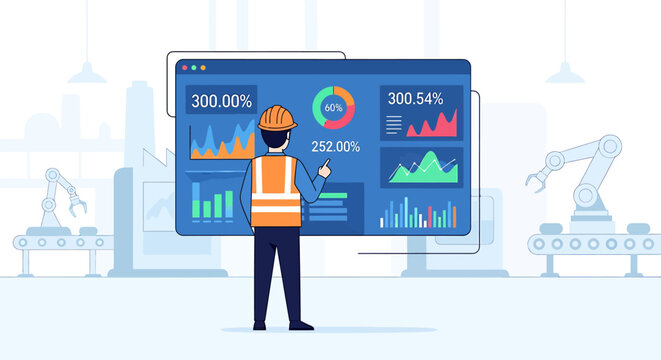 Industrial engineer monitoring smart factory production data on digital dashboard screen vector illustration.