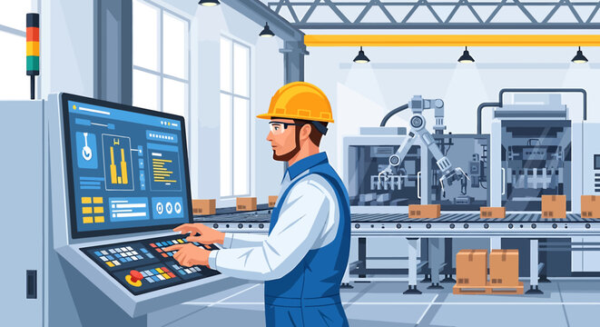 Industrial engineer operating automated control panel in modern smart factory vector illustration.