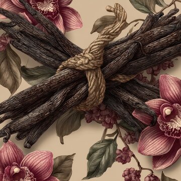 Rustic Bundle of Sticks Tied with a Rope Surrounded by Flowers