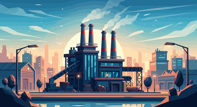 Industrial factory building illustration with smoking chimneys and city skyline at sunset.
