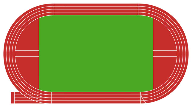 Top view illustration of a professional red athletic running track with a green grass field center
