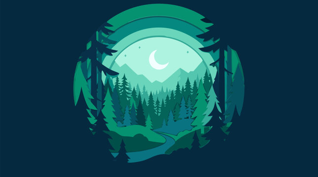 Layered paper cut forest landscape in nested teal and emerald tones, crescent moon over pine trees, mountains and river creating a serene night wilderness scene vector illustration