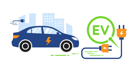 Naklejka premium A blue electric vehicle (EV) charging in a city setting, with charging plugs and an EV symbol, representing sustainable urban transport.