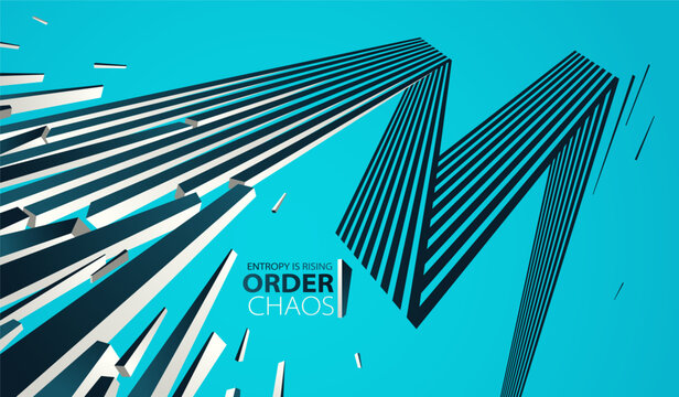Debris particles exploding in chaos vector abstract background, entropy is rising to decay and disorder, elements flying in motion, 3D wallpaper.