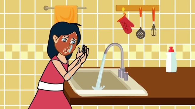 Young Woman Washing Her Face with Water at Kitchen Sink, Morning Routine or Skincare Hygiene Lifestyle, 2D Vector Animation