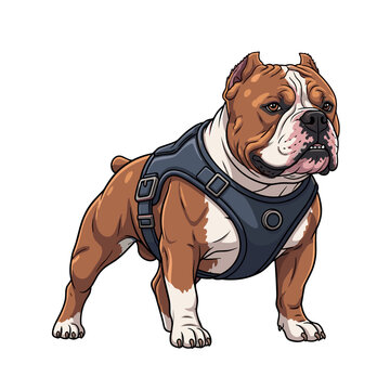 Muscular bully dog wearing a black tactical chest harness