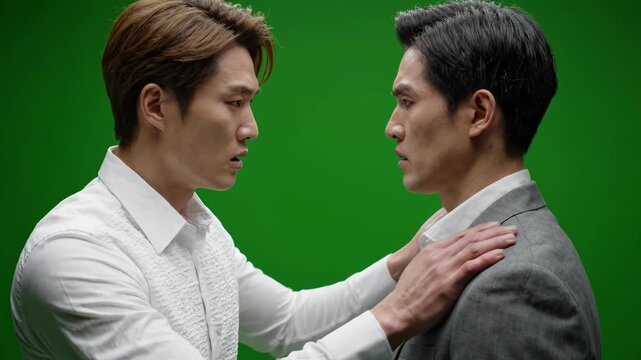 Two Asian Men in Tense Confrontation Against Green Screen Studio Background