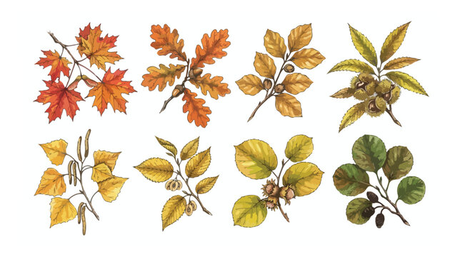 Vintage autumn leaves collection, watercolor botanical tree branches with 8 elements, rustic fall foliage illustrations for seasonal design